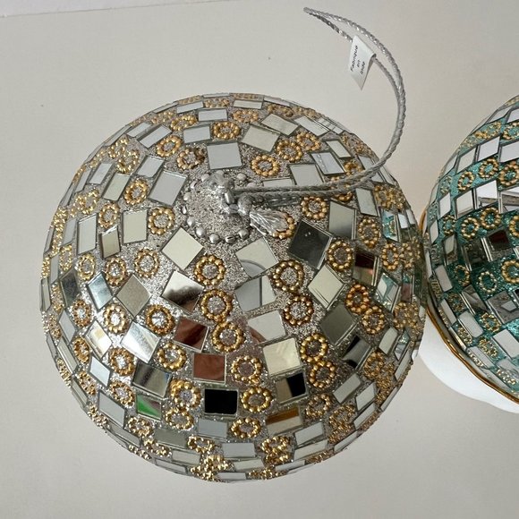 NEW Set of 2 Large Glass Mirror Disco Ball Ornaments with Rhinestones - Picture 15 of 16
